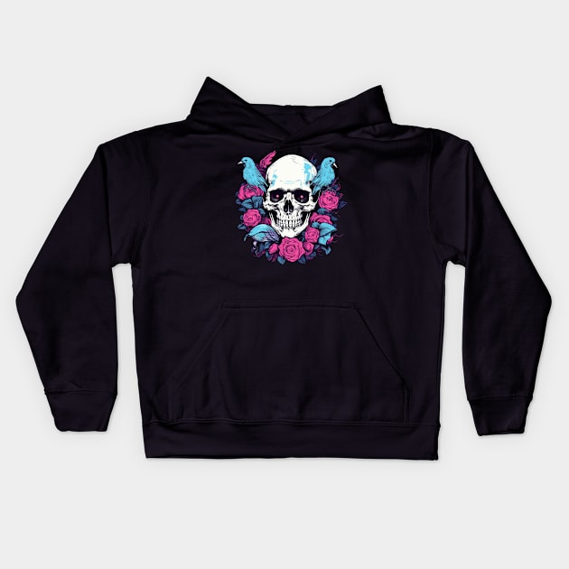 Floral Flowers Skull and Birds Kids Hoodie by TOKEBI